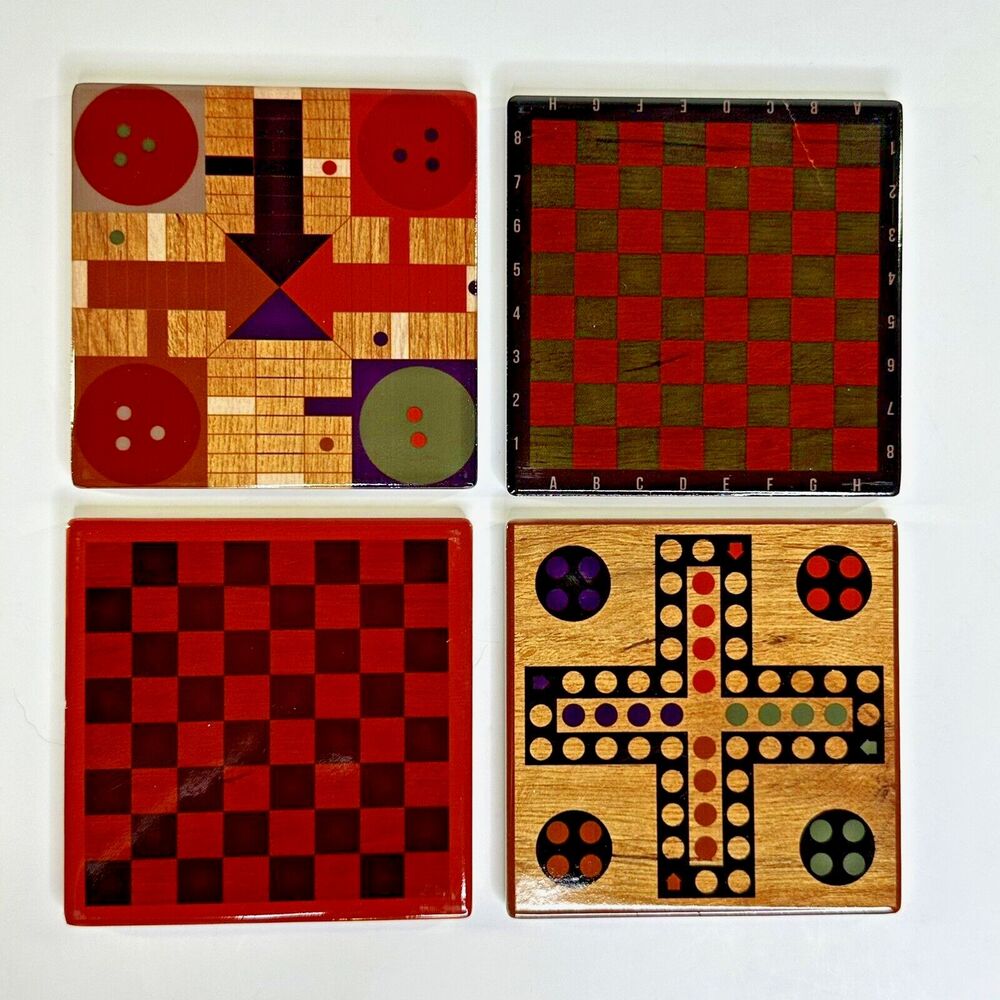 4 Piece Ceramic Game Coaster Set Cork‎ Back Checker Chess Inspired Red Shed Gift